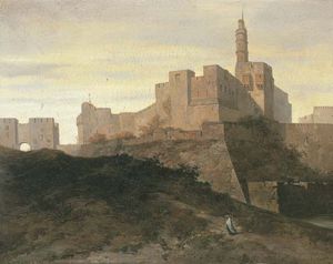 エルサレム、ヤッファのゲートとダビデの塔と城壁の眺め