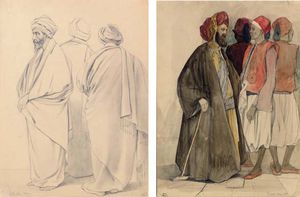 Three Robed Men; Four Men In Egyptian Dress
