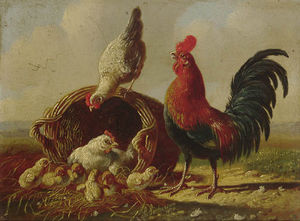 A Chicken Family By A Wicker Basket