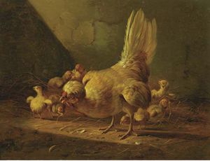 Eine Henne und ihre Küken