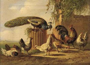 A Peacock And Poultry In A Farmyard; And Another Similar
