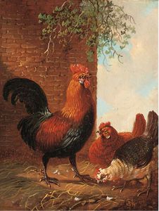 Poultry Feeding By A Wall; And Another Similar