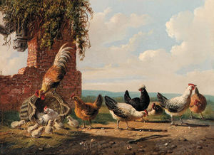 Gallo y pollos en un paisaje de una ruina; Y Gallo y gallinas Por Una Ruina