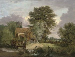 A Wooded Landscape With Figures In A Cart Crossing A Ford, A Cottage And Ruined Tower Beyond