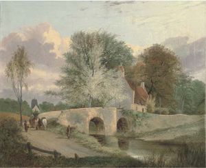 Figures On A Bridge With A Cottage Beyond
