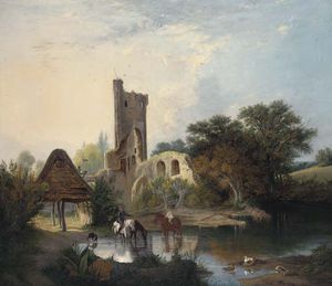Horses Watering Before A Castle Ruin