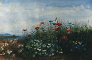 A Coastal Landscape With Poppies, Cornflowers, Daisies And Grasses In The Foreground