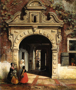 A Sunlit Countryard With Figures Conversing Under A Brick Archway