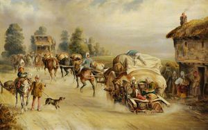 Cargado Horse-drawn Vagones en el camino