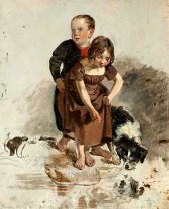 一个 男孩  和 女孩与一个 牧羊犬 狗 站在 由 溪水 ( 研究 'the Covenanters' Baptism' )