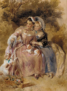 dos jóvenes sentado damas en un paisaje boscoso con dos king charles spaniel
