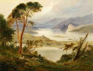 paesaggio con lago ; oberwesel con schonburg Castello , sul Chiatta