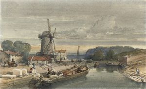 Figures chargement d une barge Avant un moulin à vent (illustré); Et un château frontières