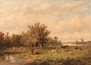 un paysage avec  une  paysan  couples  et  bétail