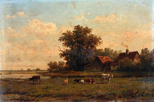 un paysan Couples repos dans Une sunlit meadow ; bovins près une ferme