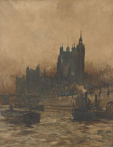 Tugs And Barges On The Thames Before The Palace Of Westminster