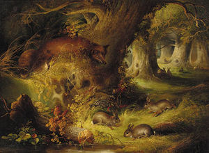 A Fox With Rabbits In A Wood