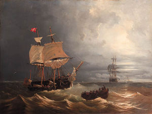 Pilots In A Rowingboat Heading For A Two-master On A Rough Sea