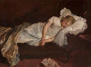 una niña `asleep` en un sofá