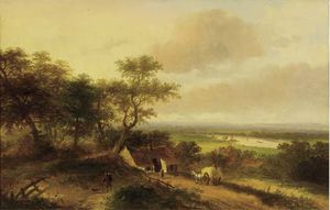 A Haycart By A Farm In A Panoramic River Landscape