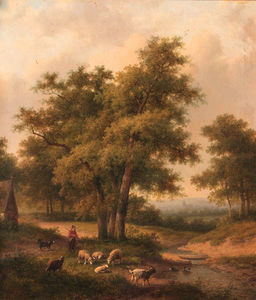 A Shepherd And His Flock In A Wooded Landscape