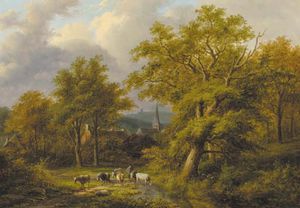 A Wooded Landscape With A Herdsman With Flock