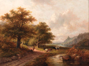 A Wooded Landscape With Peasants Resting On A Sandy Track