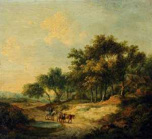 paesaggio con un figura  su  cavallo  e le  bestiame