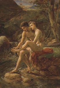 Daphnis Tirer une épine du pied de Chloe par une rivière