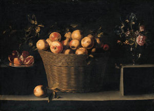 Apples In A Wicker Basket With Pomegranates On A Silver Plate And Flowers In A Glass Vase On A Stone Ledge