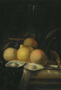 Bodegón con ostras, Peoches y limón en una mesa de mármol con una alfombra Flecos Y Vidrios