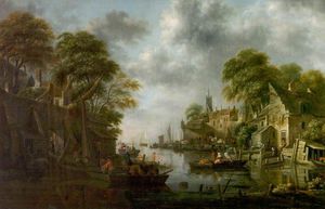 River Scene With Boats And Figures