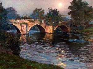 Three-span Stone Bridge Over A River By Moonlight
