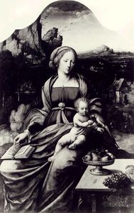 madonna col bambino con una Pappagallo contro l sfondo di Paesaggio