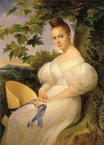 retrato de un mujer sentada  debajo  Un  tronco