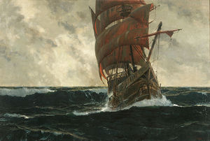 船首にクリストファー·コロンブスの姿で海でサンタマリア