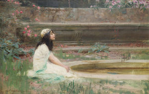  一个年轻的  女孩  通过 一个 池