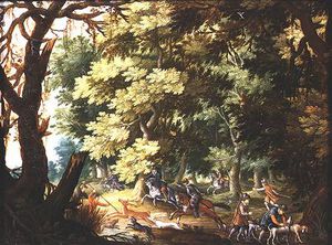 A Wooded Landscape With Hunters And Hounds (oil On Copper)
