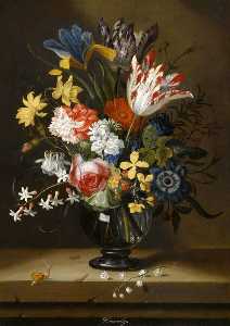 natura morta di fiori in un vaso con una Lucertola su un Sporgenza
