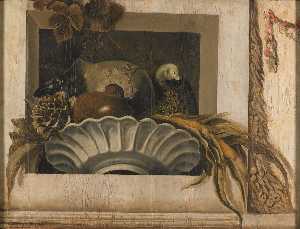 Still Life Of Vegetables And A Parrot In A Niche