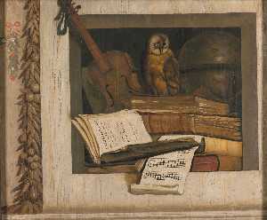 Itas Still Life With Books, A Violin And An Owl In A Niche