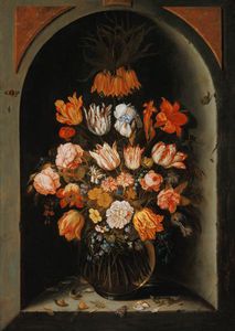 natura morta di fiori in un nicchia con Insetti , rettili e Fiore Petali