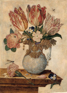Tulips, Forget-me-nots, Peonies And Other Flowers In A Vase On A Ledge