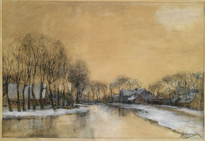 A Winter Landscape With Houses Along A Canal
