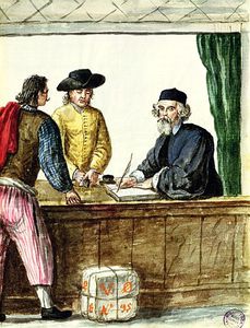 Un negoziante ebreo con due clienti