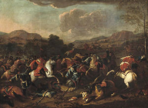 A Cavalry Skirmish In An Extensive River Landscape, Said To Be Prince Eugene De Savoy At The Battle Of Blenheim,