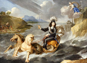 eine allegorie von könig louis xiv in der rüstung Gehagelt als könig von dem Meer durch den Verkörperung von frankreich