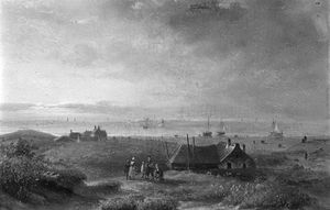 A Coastal View Of Scheveningen, With Figures Conversing On A Dune Top
