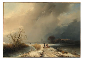 A Sportsman And Woodgatherers On A Snowy Track In A Winter Landscape