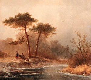 A Winter Landscape With Woodgatherer And A Sportsman
